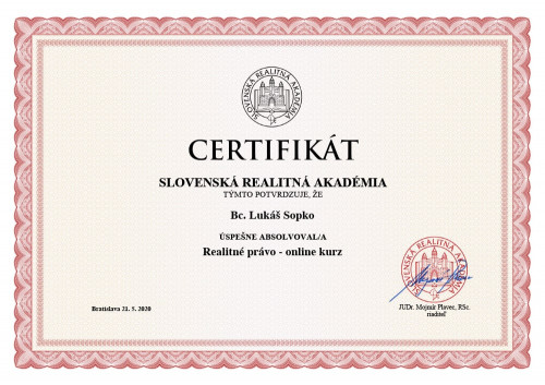 CERTIFIKÁT REALITNÉ PRÁVO